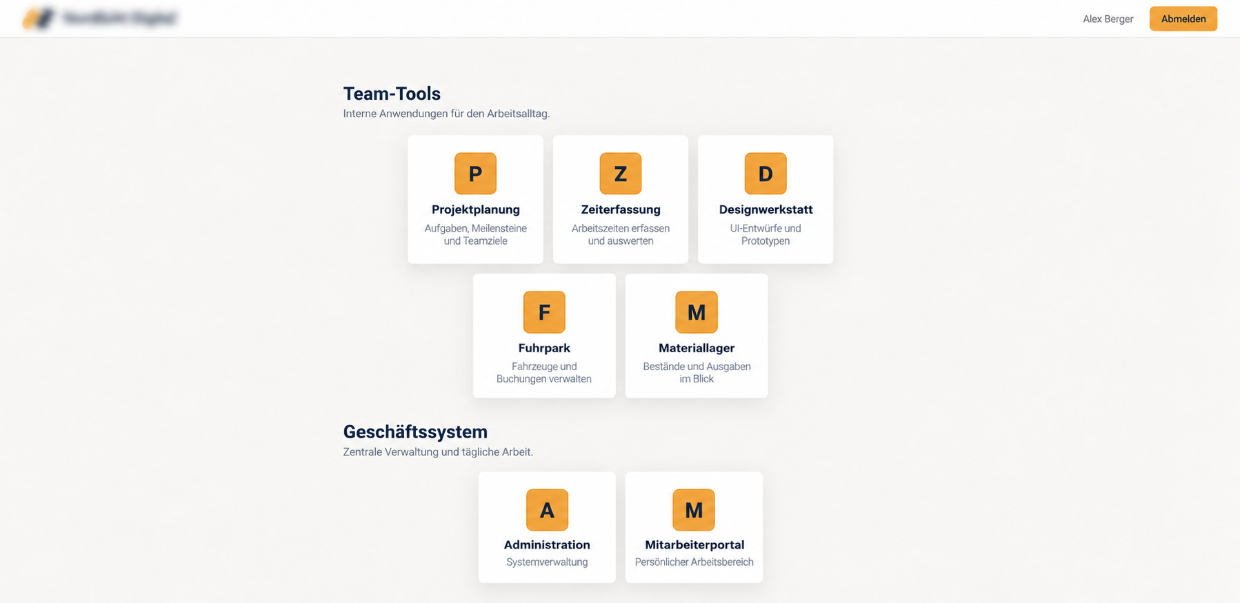 Beispiel eines App-Portals mit Projektplanung, Zeiterfassung, Designwerkstatt, Fuhrpark, Materiallager, Administration und Mitarbeiterportal.